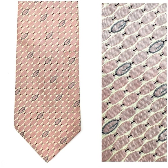 Gucci 100% Silk Tie Pink Pointed With Monogram G Made In Italy Oval Pattern - Picture 1 of 10